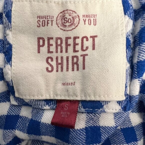 SO Womens Long Sleeve Button Down Blue/White Check Perfect Shirt Relaxed Fit S - Picture 7 of 8